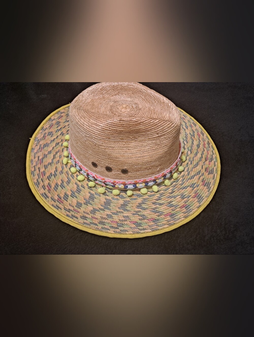 Straw Sun Hat with Yellow Accent and Pom-Pom Trim 100% Palma